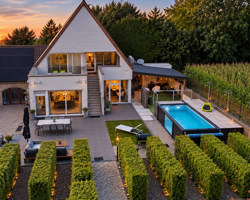 Moderne woning bij zonsondergang.png